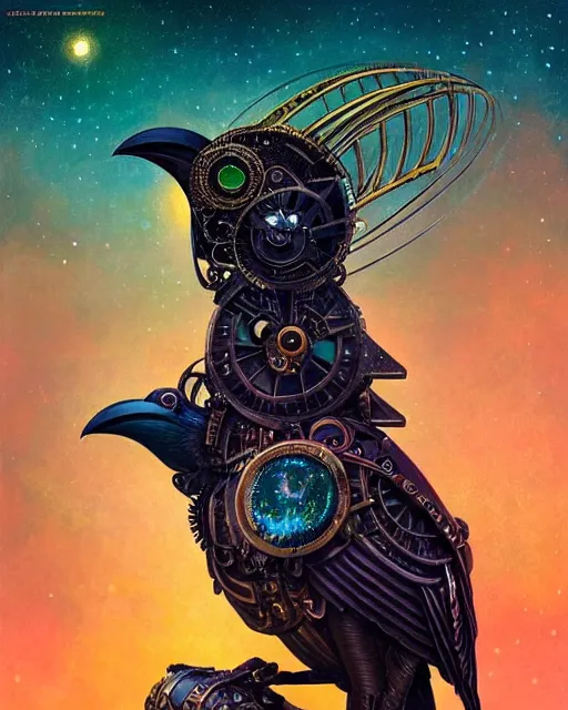 Image similar to a stunning fantasy portrait of an art - deco mechanical steampunk crow, closeup | highly detailed | very intricate | disney | artdeco steampunk | dramatic magical | bokeh moon stars | professional cinematic lighting | award - winning | painted by beeple and donato giancola and rhads | richcolor palette | featured on artstation