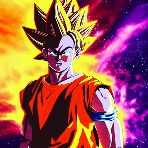 Prompt: Lebron James Lebron James Lebron James Lebron James Lebron James cosplay as Super saiyan Goku, light shining, glowing body, detailed digital art, colourful masterpiece beautiful beautiful beautiful