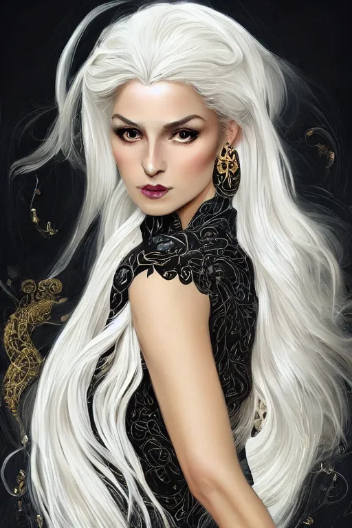 Image similar to fullbody!! of a beautiful woman with white hair, big natural horns on her head, long flowing intricate black lace dress, gold and gemstone jewellery, dnd, face, fantasy, intricate, elegant, highly detailed, digital painting, artstation, concept art, smooth, sharp focus, illustration, art by artgerm and greg rutkowski and alphonse mucha