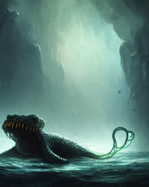 Image similar to A matted painting of a sea monster with many tentacles, on an underwater environment with expansive views of space, dark and moody, inspired by greg rutkowski and Keith Mallett, digital art, extremely moody lighting, glowing light and shadow, atmospheric, shadowy, cinematic