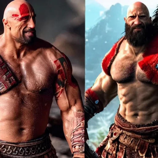 Image similar to dwayne johnson as kratos 4 k detailed