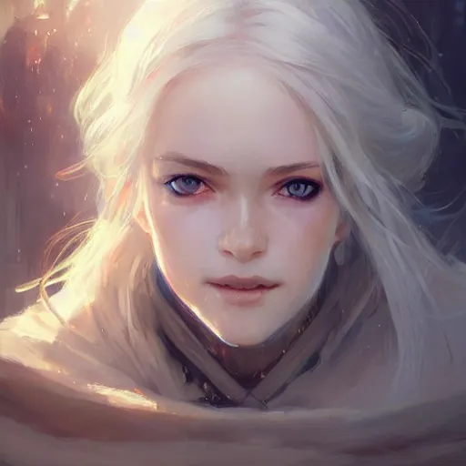 Image similar to a portrait of a beautiful lady with adorable eyes, beautiful eyes, looking up onto the sky, light smiling, art of wlop and greg rutkowski, epic fantasy art, bright light masterpiece, ray of light through white hair