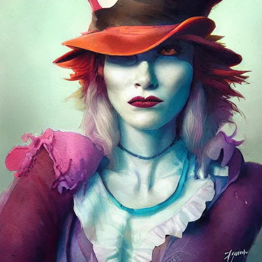 Prompt: realistic, full body portrait, attractive crazy female mad hatter, by Jordan Grimmer and greg rutkowski, crisp lines and color,