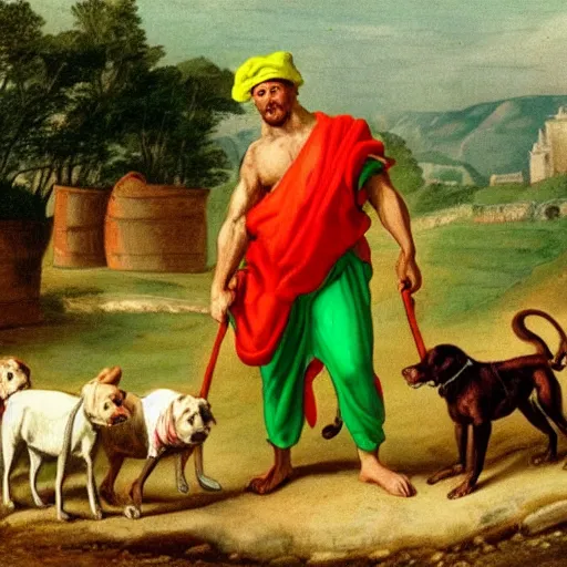 Prompt: Diogenes wearing a very bright green! cap! hat, near his barrel home, with dogs