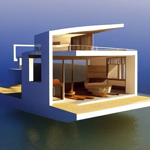 Prompt: “ a realistic model of a house floating on the beach, 8 k render designed by norman foster, high - tech design ”