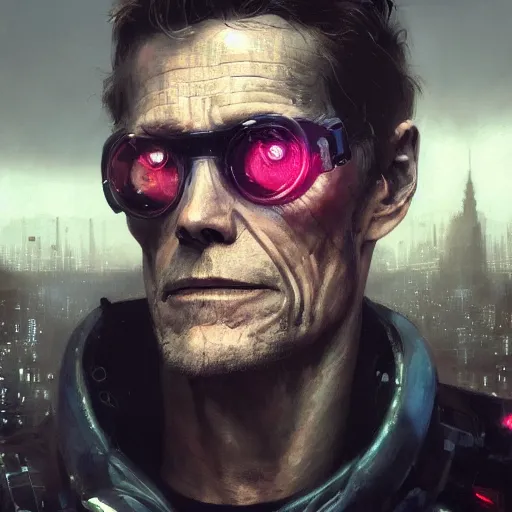 Prompt: closeup portrait of william dafoe, cyberpunk, ex military guy, city background, dramatic light, gorgeous view, depth, high detail, digital art, painted by greg rutkowski and seb mckinnon, neuromancer, trending on artstation