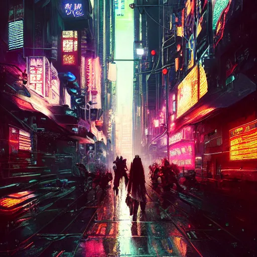 Image similar to a painting of cyberpunk tokyo ultra realistic, colour, concept art, intricate details, night, thunder, raining, eerie, highly detailed, dark fantasy, photorealistic, octane render, 8 k, unreal engine 5. art by artgerm and craig mullins, greg rutkowski and bill sienkiewicz