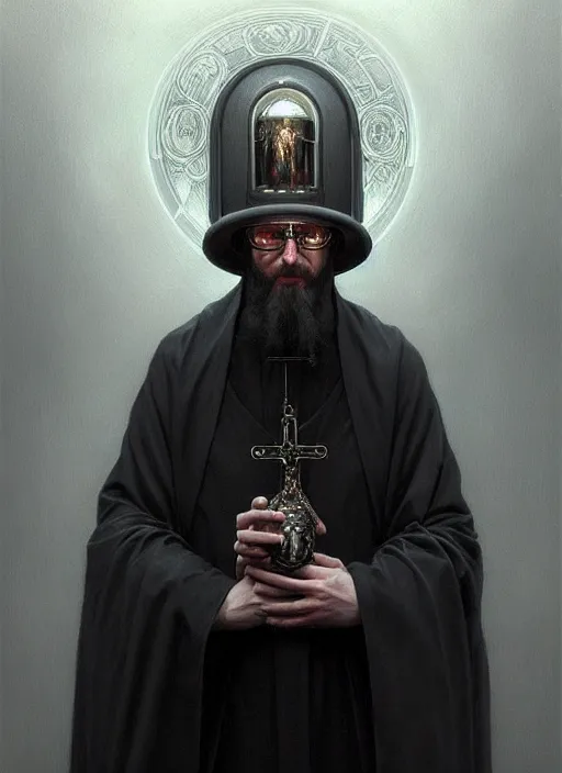 Image similar to portrait of a cyberpunk orthodox priest, grim - lighting, high - contrast, intricate, elegant, highly detailed, centered, digital painting, artstation, concept art, smooth, sharp focus, illustration, artgerm, tomasz alen kopera, peter mohrbacher, donato giancola, joseph christian leyendecker, wlop, boris vallejo