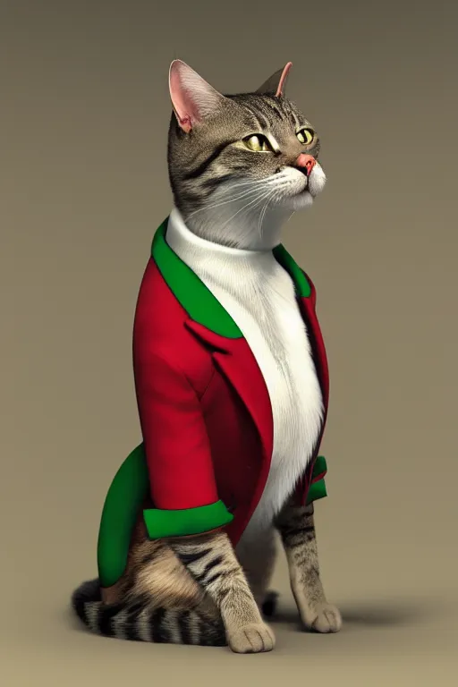 Image similar to a cat wearing a red and green formal overcoat, hyperrealistic, concept art, octane render, unreal engine 5, realistic and defined face, profile picture, digital art, pixar and disney, symmetrical, high quality, highly detailed, high coherence, path traced, house background, low contrast, beautiful