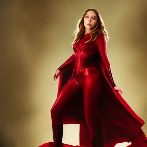 Image similar to A portrait of elizabeth olsen as scarlet witch (2021), cinematic, 8k