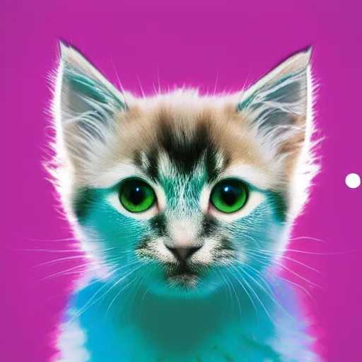 Prompt: cute fluffy kitten with purple cyan and white tabby fur and big eyes with night sky background