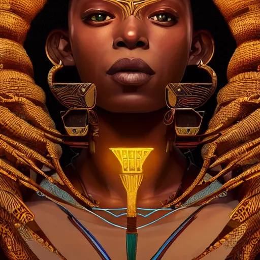 Image similar to highly detailed portrait of an african egyptian goddess, intricate alien technology, stephen bliss, unreal engine, fantasy art by greg rutkowski, loish, rhads, ferdinand knab, makoto shinkai and lois van baarle, ilya kuvshinov, rossdraws, tom bagshaw, global illumination, radiant light, detailed and intricate environment