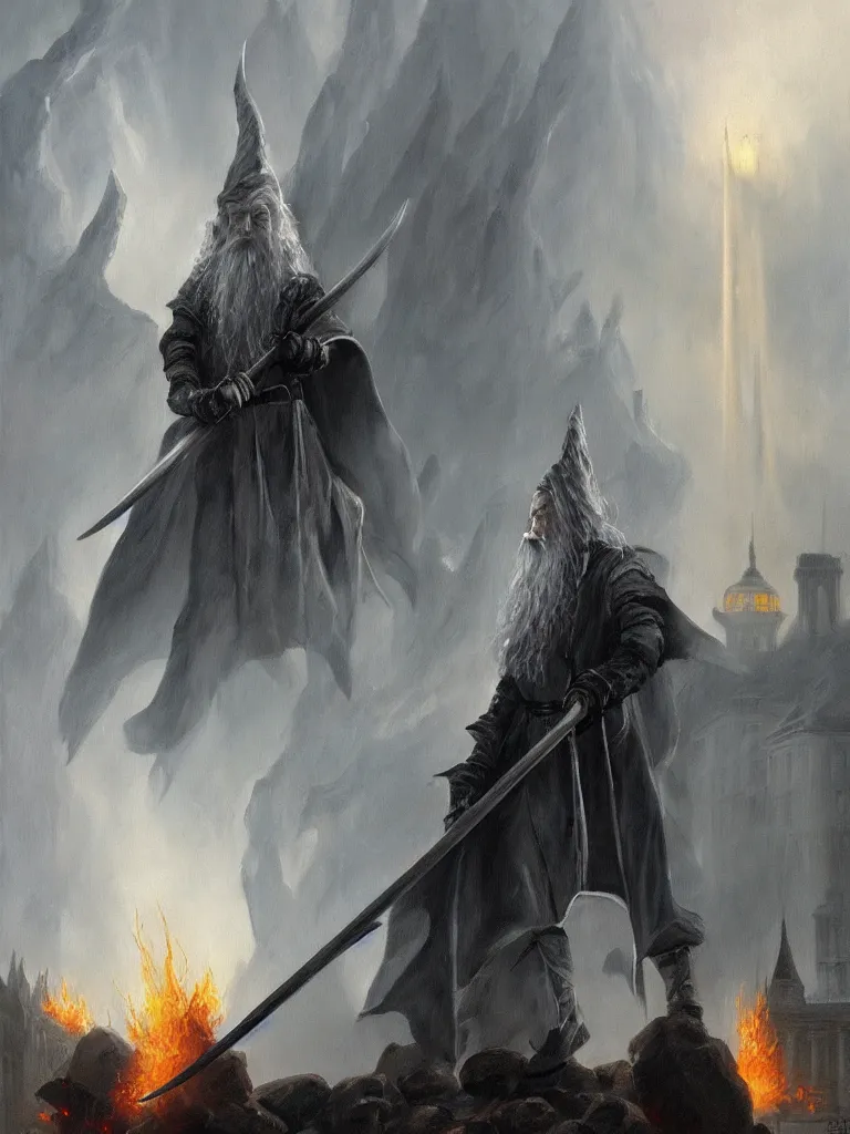 Prompt: gandalf attacks the white house, epic dark fantasy horror stylized oil painting by ivan shiskin. trending on artstation