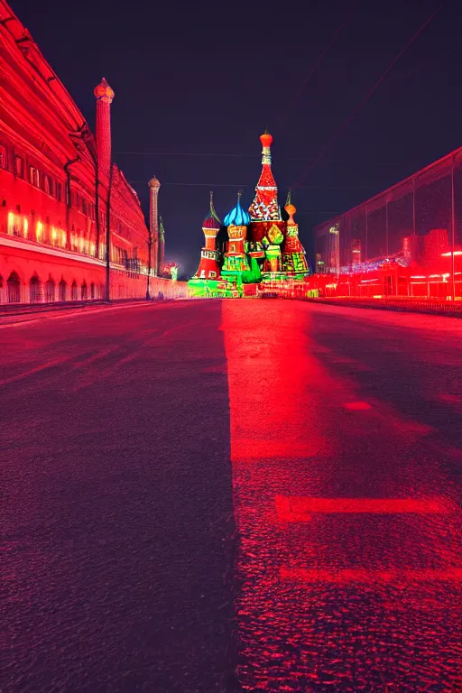 Image similar to neon streets of moscow with red square, 4 k, award winning photo, cyberpunk style