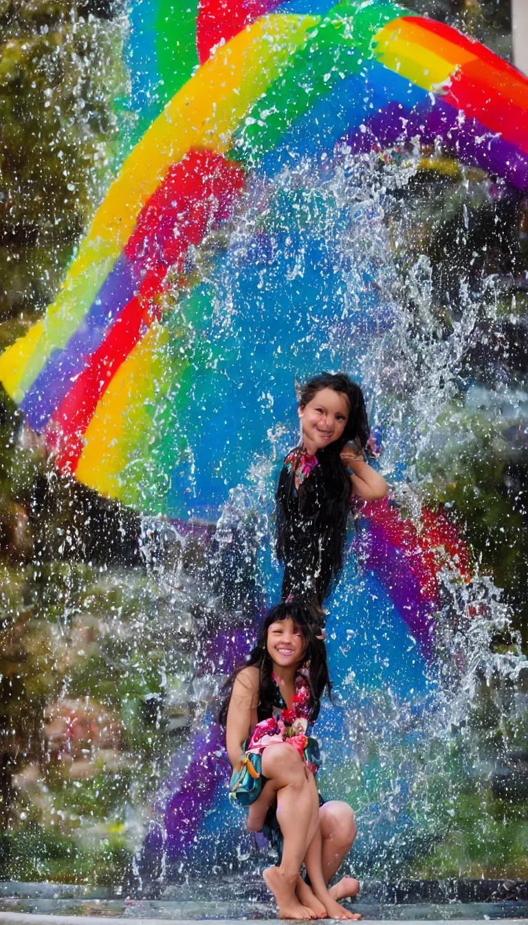 Image similar to Beautiful girl under the rainbow fountain,