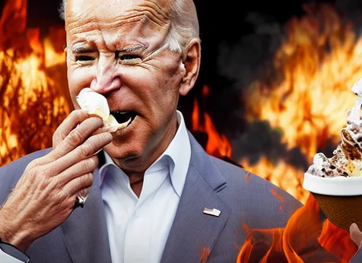 Prompt: cinematic artwork close up of joe biden eating an ice cream with the whitehouse on fire behind him beautiful artwork by rutowski, realistic, 4 k, masterpiece