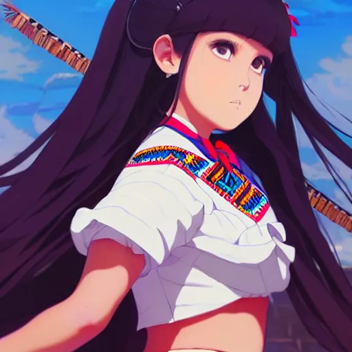 Image similar to a beautiful! plus sized native women instagram model, wearing catholic school girl outfit with mayan pattern and native style, jrpg aztec street fashion, gapmoe yandere grimdark, trending on pixiv fanbox, painted by greg rutkowski makoto shinkai takashi takeuchi studio ghibli, akihiko yoshida