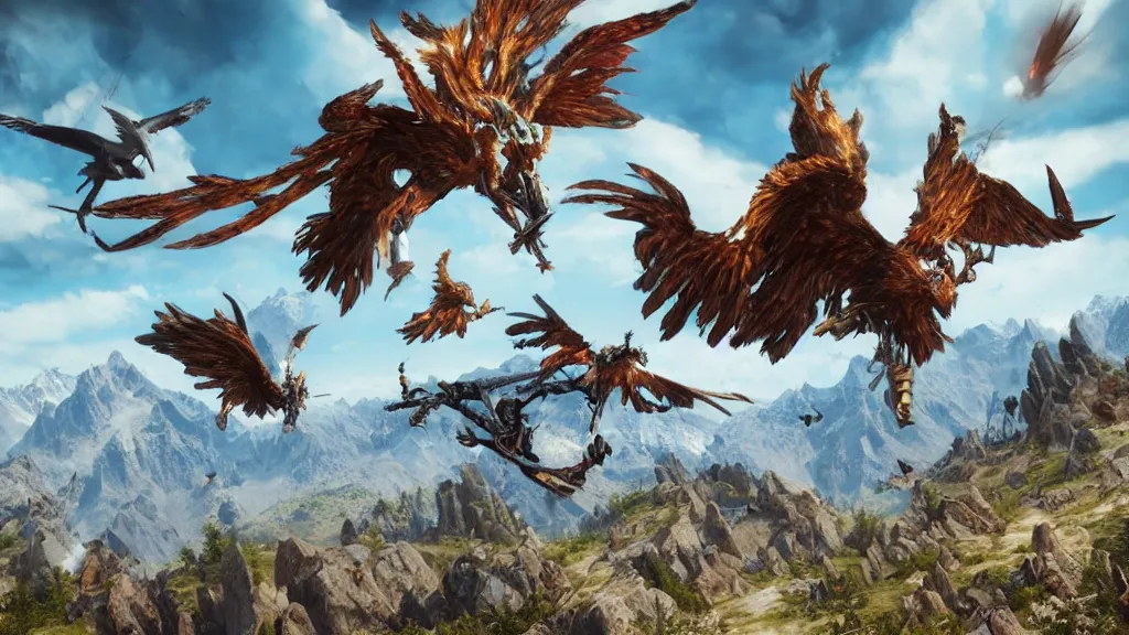 Image similar to a flying ornate slay pulled by griffins, piloted by a wizard, Above the mountains, hyperrealistic, octane