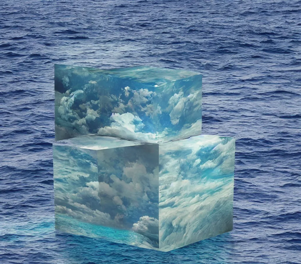 Image similar to a cube in the middle of the ocean with images of a tumultuous sea on its sides. In the style of Leda de piart