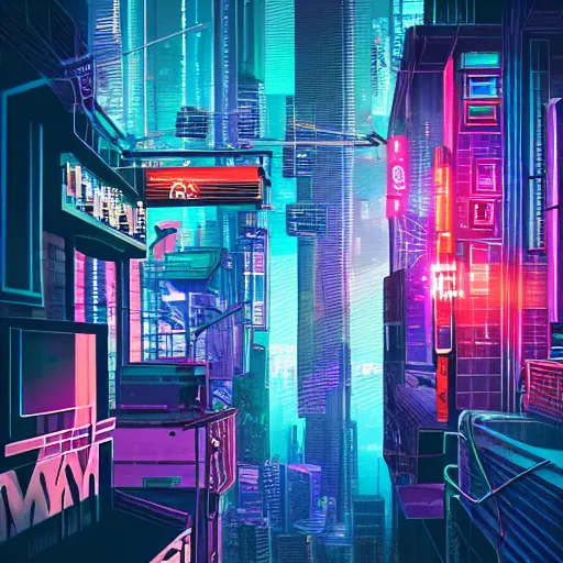 Image similar to cyberpunk city, neon, bright colors, midnight, person on rooftop, shadowy.