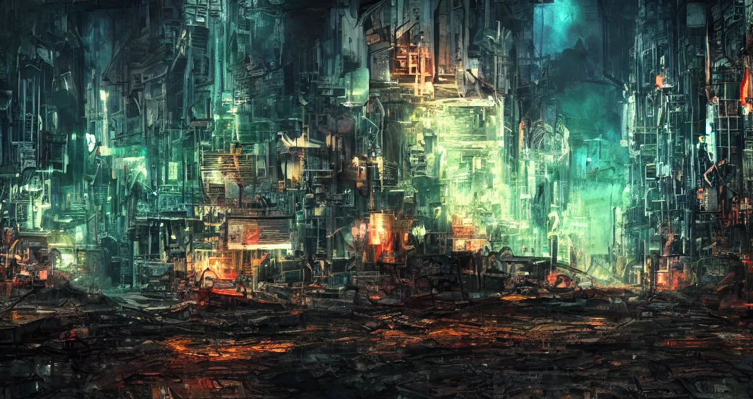 Image similar to tv color test pattern, dystopian city made of old televisons, dark, apocalyptic, intricate, detailed, volumetric lighting, scenery, digital painting, highly detailed, artstation, sharp focus, illustration, concept art