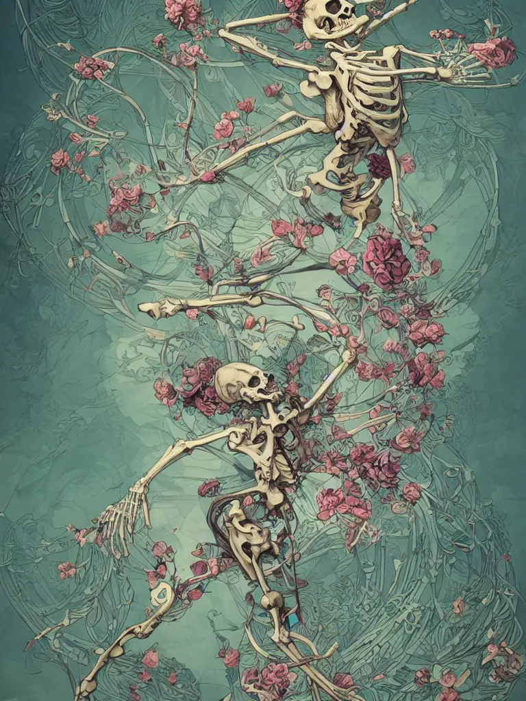 Prompt: a skeleton covered in flowers in a dynamic pose, art nouveau, james jean, peter mohrbacher, highly detailed, soft lighting,
