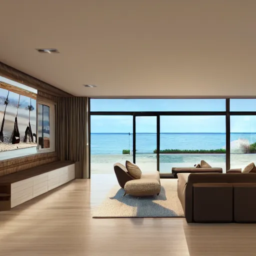 Prompt: contemporary interior design, beach house with luxurious living room and a scenic view of the sea and sun, photorealistic, ultra-detailed, high resolution, HDR shot