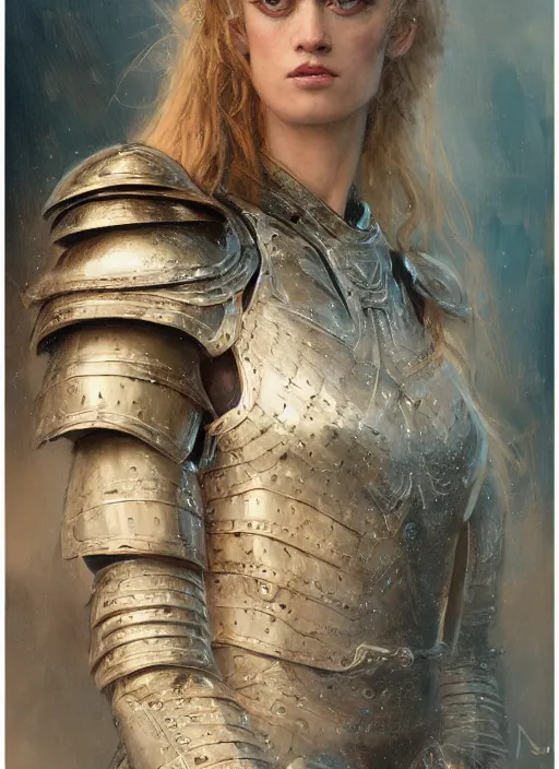 Prompt: mackenzie davis blue eyed, femenine woman, wearing armour, detailed by gaston bussiere, bayard wu, greg rutkowski, maxim verehin, greg rutkowski, masterpiece, sharp focus, cinematic lightning