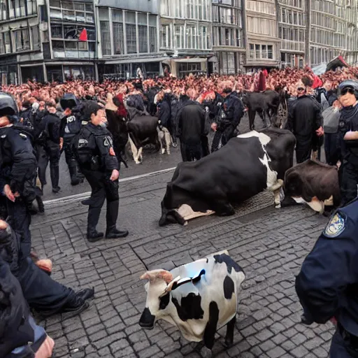 Prompt: cows demonstrating with police, on dam square amsterdam, burning, sirens police