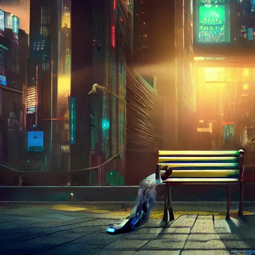 Prompt: long shot of cat sitting on a bench in a cyberpunk city, highly detailed, digital painting, artstation, concept art, sharp focus, illustration, octane render, award winning