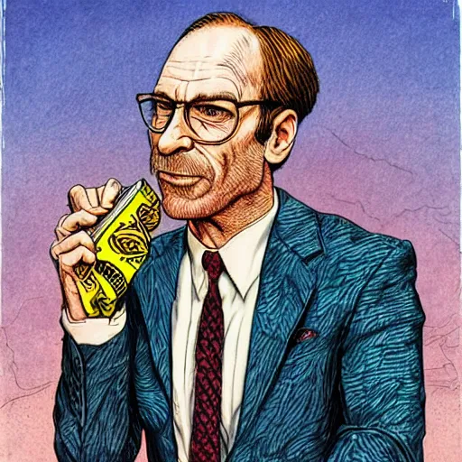 Image similar to The Artwork of R. Crumb and his Cheap Suit Saul-Goodman-Better-Call-Saul, pencil and colored marker artwork, trailer-trash lifestyle