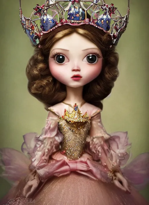 Image similar to closeup profile portrait of tin toy fairytale princess wearing a crown, depth of field, zeiss lens, detailed, symmetrical, centered, fashion photoshoot, by nicoletta ceccoli, mark ryden, lostfish, breathtaking, 8 k resolution, extremely detailed, beautiful, establishing shot, artistic, hyperrealistic, octane render