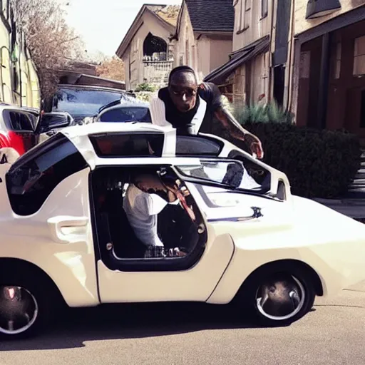 Prompt: DaBaby turned into a car, paparazzi photo