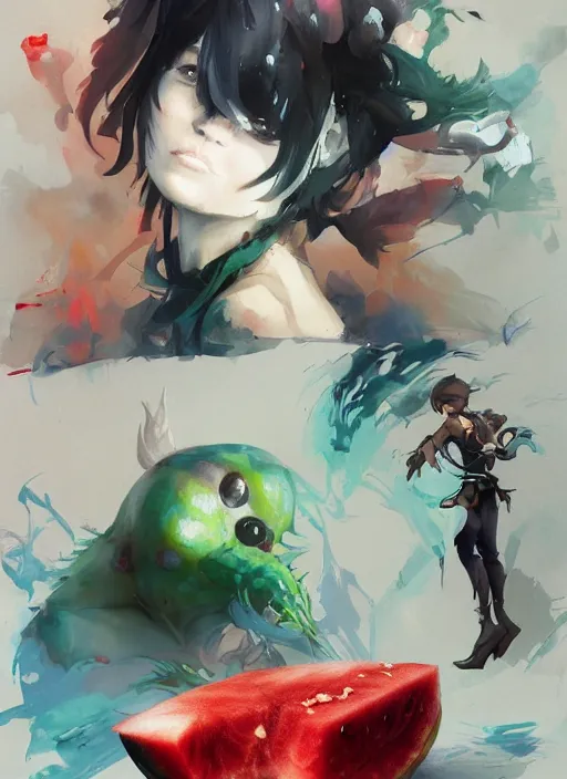 Image similar to semi reallistic gouache gesture painting, by yoshitaka amano, by ruan jia, by Conrad roset, by dofus online artists, detailed anime 3d render watermelon monster, watermelon terrible monster, antrophomorfic watermelon, portrait, cgsociety, artstation, rococo mechanical, Digital reality, sf5 ink style, dieselpunk atmosphere, gesture drawn