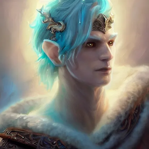 Prompt: handsome male snow elf in a turquoise cape and silver ornate armour, highly detailed face, albino skin, pointed ears, ethereal opalescent mist, moonlight snow, fantasy art, perfect face, elegant, very coherent symmetrical artwork, atmospheric lighting, rule of thirds, by wenjun lin, krenz cushart, charlie bowater, trending on artstation