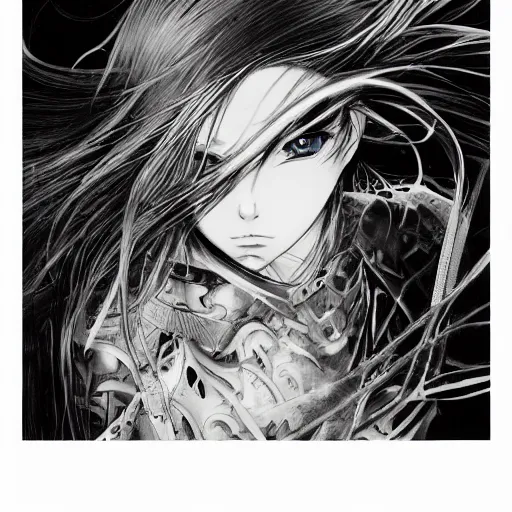 Image similar to Yoshitaka Amano realistic illustration of an anime girl with black eyes, wavy white hair fluttering in the wind and cracks on her face wearing Elden ring armour with engraving, abstract black and white patterns on the background, noisy film grain effect, highly detailed, Renaissance oil painting, weird portrait angle, blurred lost edges, three quarter view