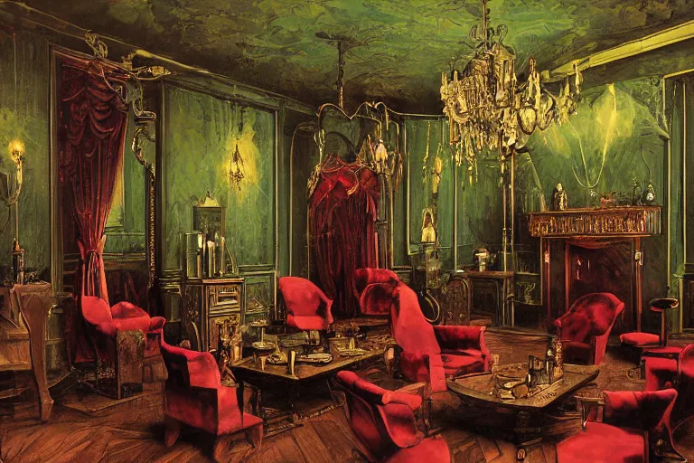 Prompt: environment,the inside of a Victorian Private occultist\'s Club, with lush chairs and coffee tables, bottles and glasses of chartreuse liquor and absinthe, various occult symbols and paintings on the wall, low lighting, mahogany wood, red velvet, ebony, chandeliers and a few guests discussing an emerald sphere in their midst, Hyper-realistic Mysterious dark mode fantasy , epic, in the style of Guillermo del Toro, unreal engine, raytracing, post-processing, zbrush, substance painter, trending on ArtStation, vfx, cgsociety, volumetric lighting, + cinematic + photo + realism + high detail, cgi, 8k