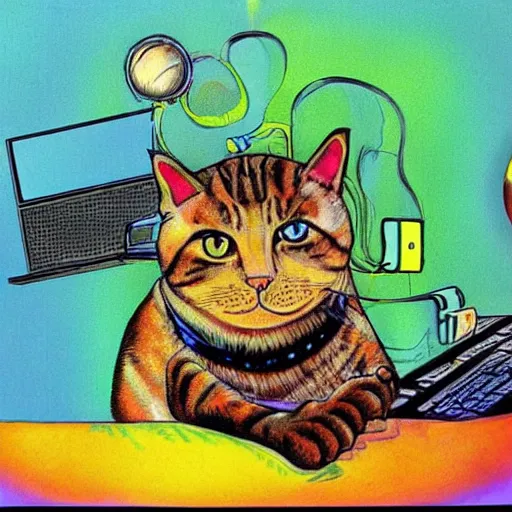 Image similar to cat merged with a computer monitor, surreal, colorful, artwork by Ralph Bakshi