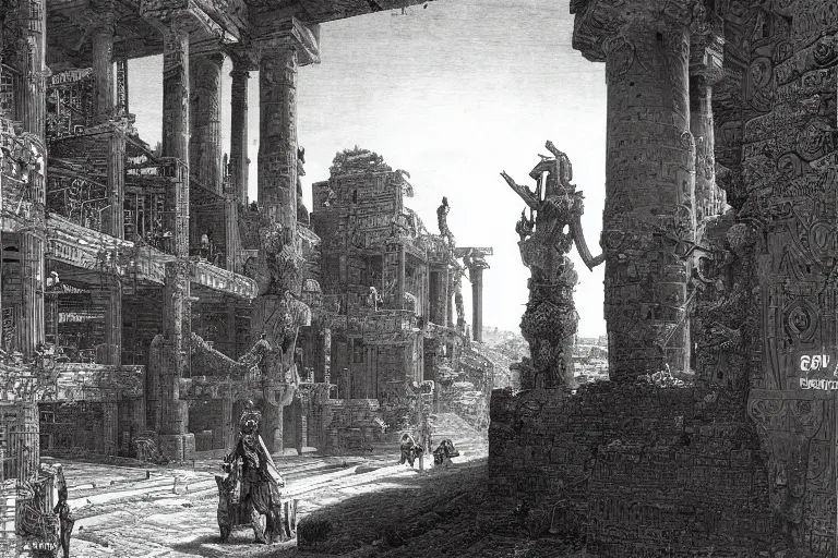 Prompt: ancient city of Babylon, hanging gardens of babylon. Robot mechas roaming the streets of ancient babylon. By gustave dore, highly detailed