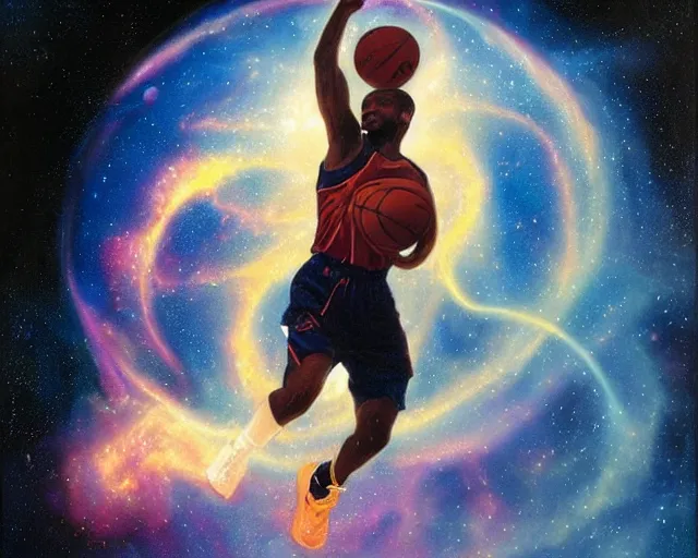 Image similar to cosmic basketball player dunking a basketball hoop in a nebula, an oil painting, by ( leonardo da vinci ) and greg rutkowski and rafal olbinski ross tran airbrush time magazine