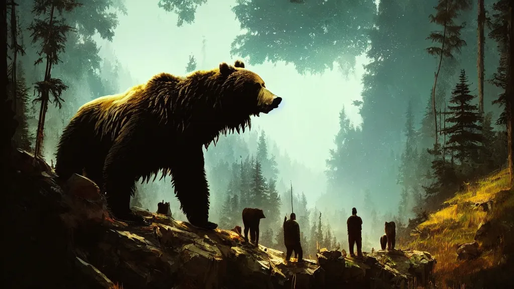 Prompt: picture of a violent bipedal grizzly bear monster looking down at a group of poachers near a cave, art by ismail inceoglu and filip hodas. matte painting, chiaroscuro, vaporwave style, artistic render
