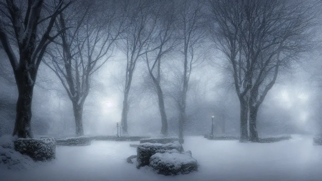 Image similar to the secret garden under heavy snow. andreas achenbach, artgerm, mikko lagerstedt, zack snyder, tokujin yoshioka