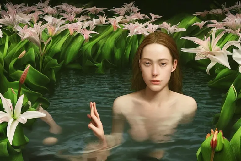 Image similar to hyperrealistic cinematic 3 d close up portrait of a woman's head and shoulders floating in a pond, detailed facial features, surrounded by a forrest of lillies, deep focus, intricate, elegant, by bill henson and gregory crewdson and james jean