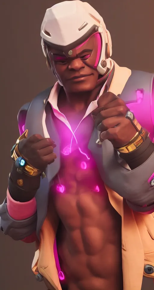 Image similar to doomfist, pink blazer, overwatch game, digital art, high detailed, artstation, octane render