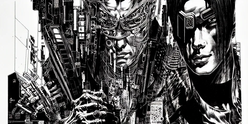 Prompt: cyberpunk portrait, bold line art, by bernie wrightson, etching, screen print, sharp, hyper - detailed