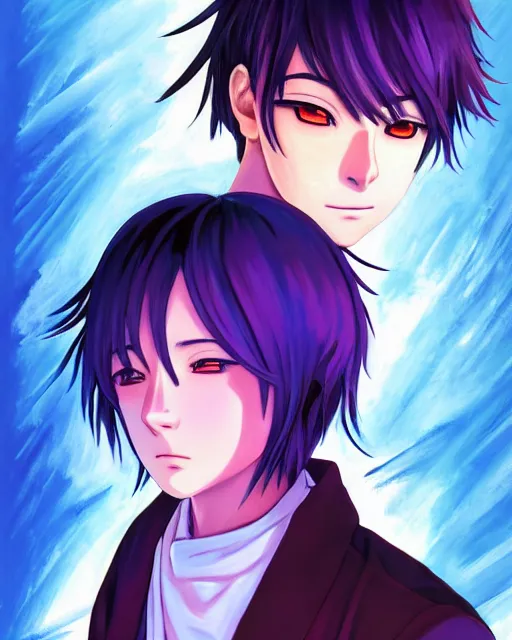 Prompt: anime style, vivid, expressive, full body, 4 k, painting, a young teenager boy with straight indigo hair, purple eyes with red eye markers, slim body, wearing a detailed japanese kimono. stunning, realistic light and shadow effects, centered, simple background, studio ghibly makoto shinkai yuji yamaguchi