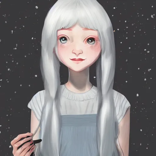 Prompt: the girl's hair was white like snow, but her face was warm and gentle. she wore a dress a top her petite body. she has her hand on the table as she gazed at me with a soft smile on her face, digital art, illustration, trending on artstation