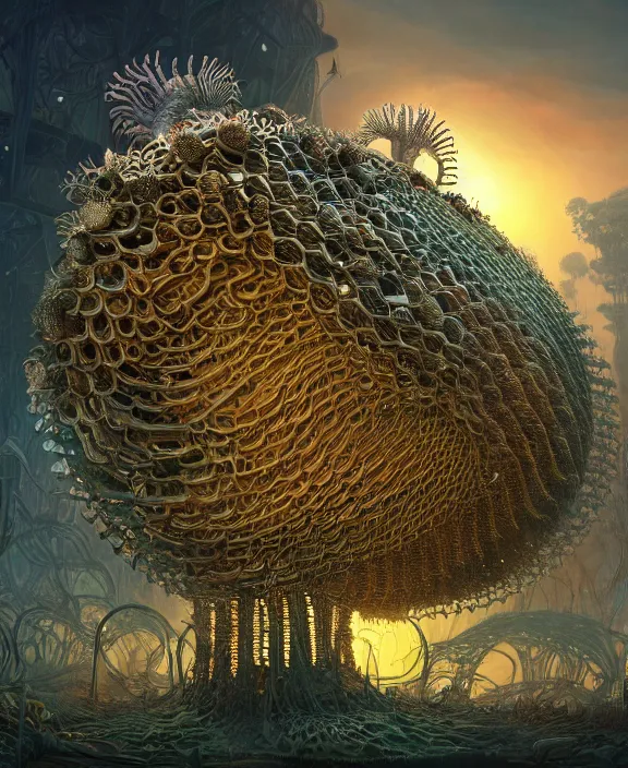Prompt: a giant intricate weird industrial plant hive made out of isopod nautilus, in the style of a massive exotic fungus, overgrown with disturbing orchids, sunset, partly cloudy, somber, dramatic lighting, by dan mumford, yusuke murata, makoto shinkai, ross tran, cinematic, unreal engine, cel shaded, featured on artstation, pixiv
