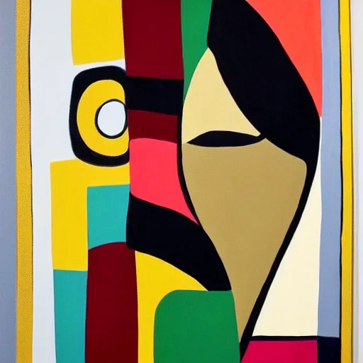 Prompt: A modern abstract painting in the style of HILDEGARDE HANDSAEME, portrait of beautiful woman, clean black outlines, modern earthy neutral earthy