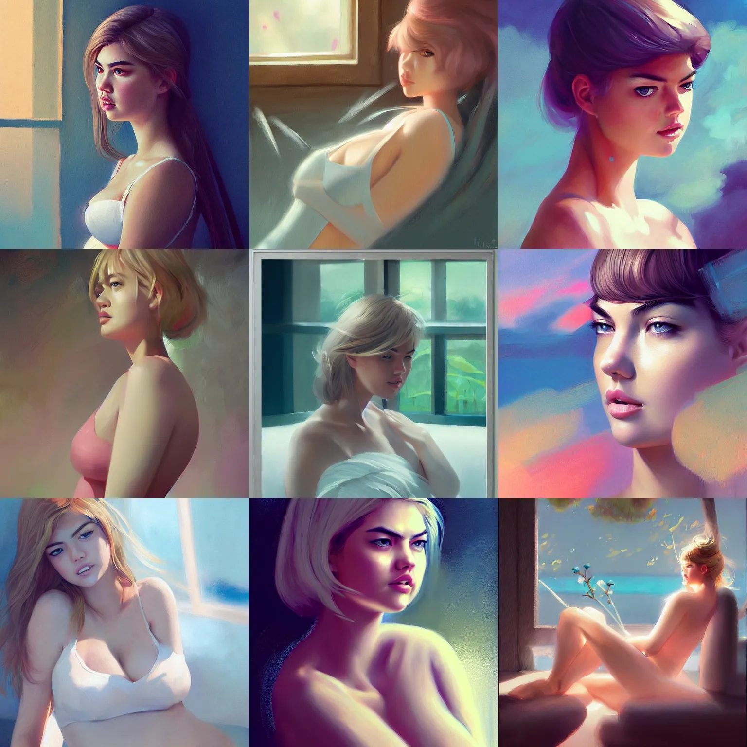 Prompt: kate upton, painting, cool color palette, refreshing, soft lighting, by hayao miyazaki, by wlop